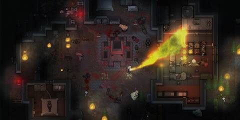 A chaotic ritual site burns as colonists and monsters clash, with fire spreading across rooms in RimWorld Anomaly