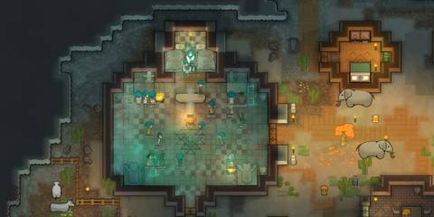 A cult gathers in a glowing temple surrounded by mushrooms and animals in RimWorld Ideology, one of the best DLCs