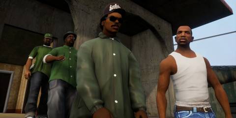 A cutscene featuring characters in Grand Theft Auto San Andreas (PS2)