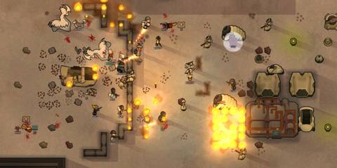 A desert siege breaks out as soldiers and mechs battle fiercely amid flames and ruins in RimWorld Royalty