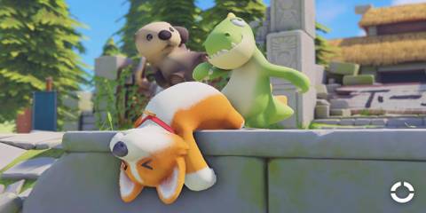 A dinosaur kicking a dog in Party Animals