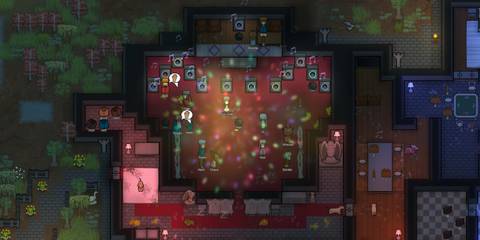 A disco-themed worship room hosts a colorful ritual party filled with lights and dancing in RimWorld Ideology