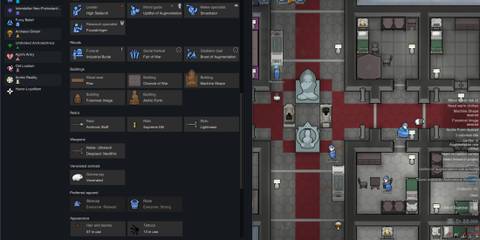 A faction overview shows roles, relics, apparel, and beliefs from a custom ideology in RimWorld Ideology, a best DLC