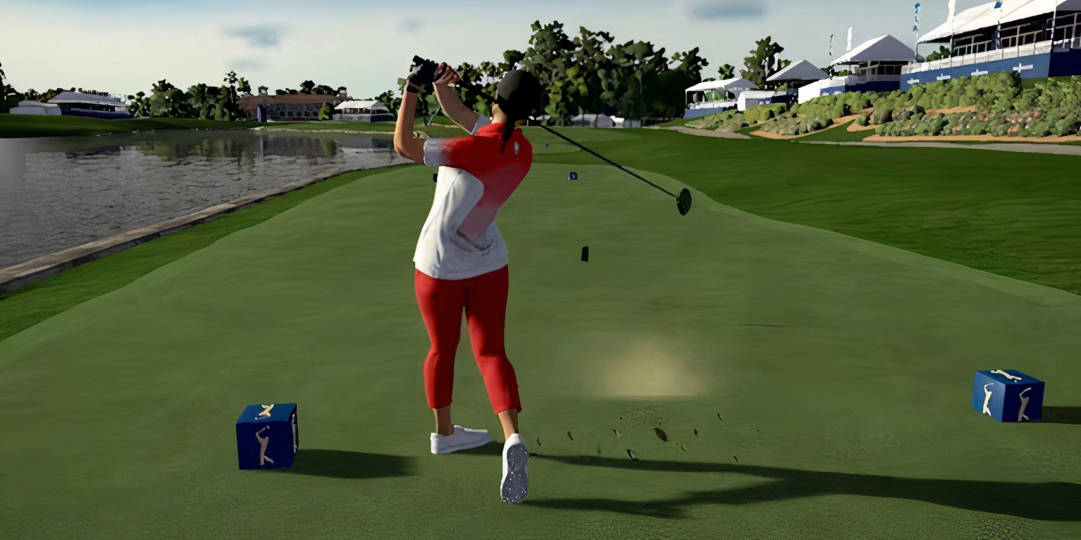 A female golfer swinging in PGA TOUR 2K21