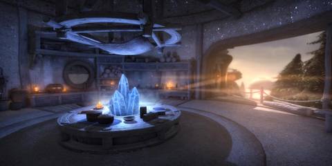 A glowing crystal on a table in Quern Undying Thoughts