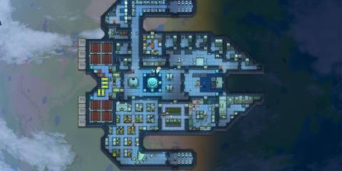 A high-tech spaceship colony floats in orbit, with modular rooms and farms in RimWorld Odyssey, a best DLC