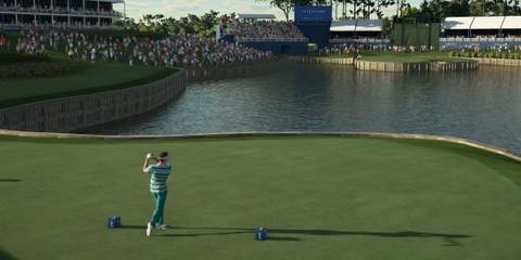 A male golfer swinging in PGA TOUR 2K21