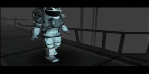 A man wearing an astronaut suit walking on a walkway in Echo Night Beyond