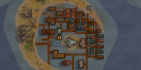A massive circular colony with docks and walkways showcases complex design in RimWorld Odyssey, one of the best DLCs