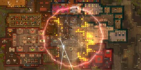 A massive mechanoid raid stuns a colony during chaos and fire in RimWorld Biotech, highlighting a best DLC moment