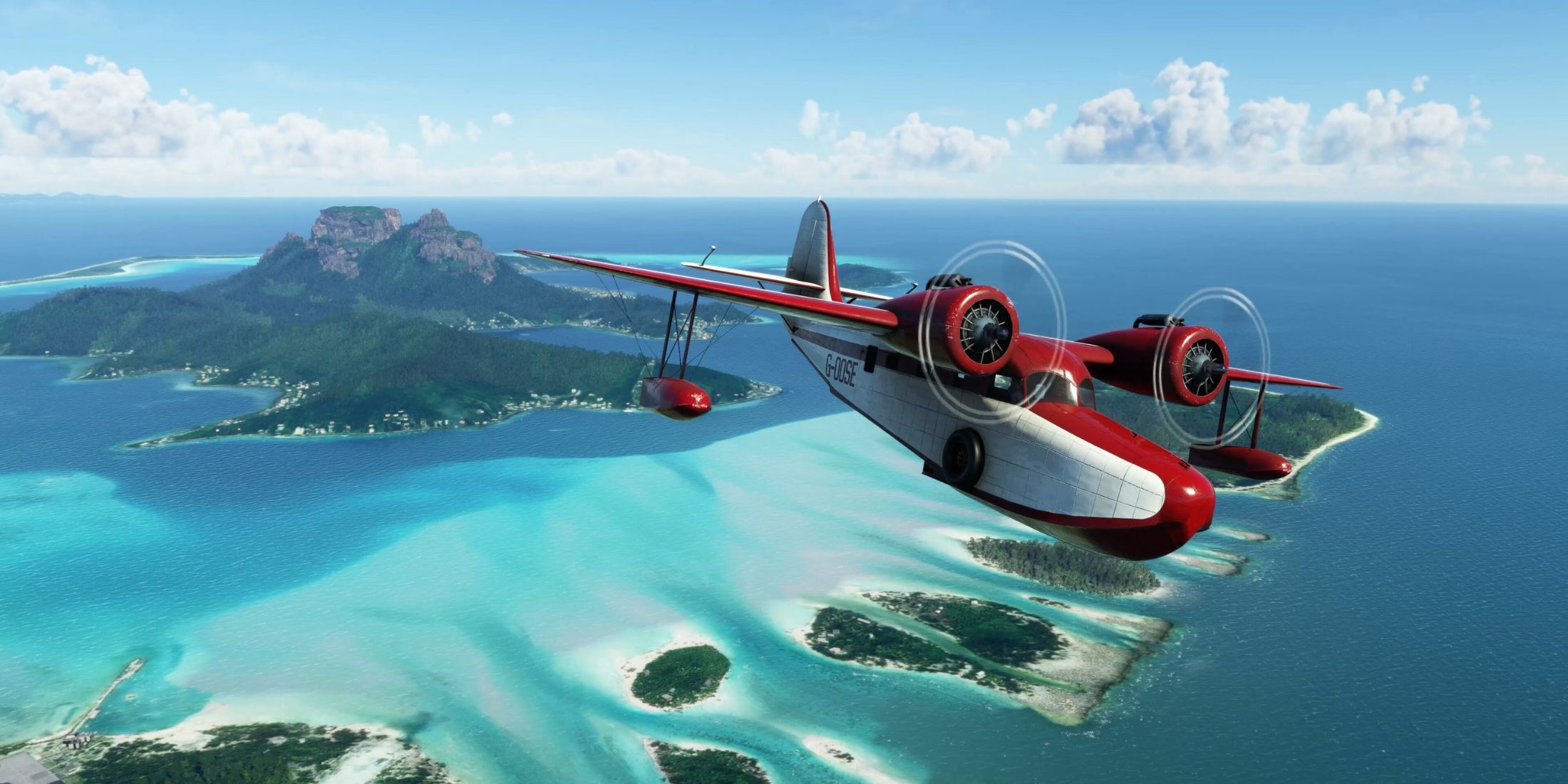 A plane flying over an island - Microsoft Flight Simulator