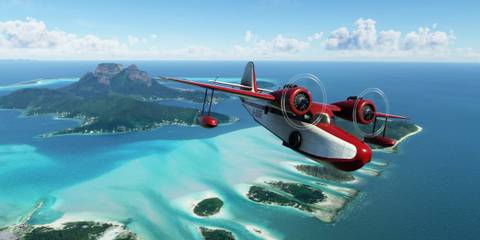 A plane flying over an island - Microsoft Flight Simulator