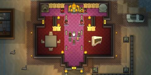 A royal ceremony unfolds with guards and nobles in full regalia inside a throne room in RimWorld Royalty, one of the best DLCs