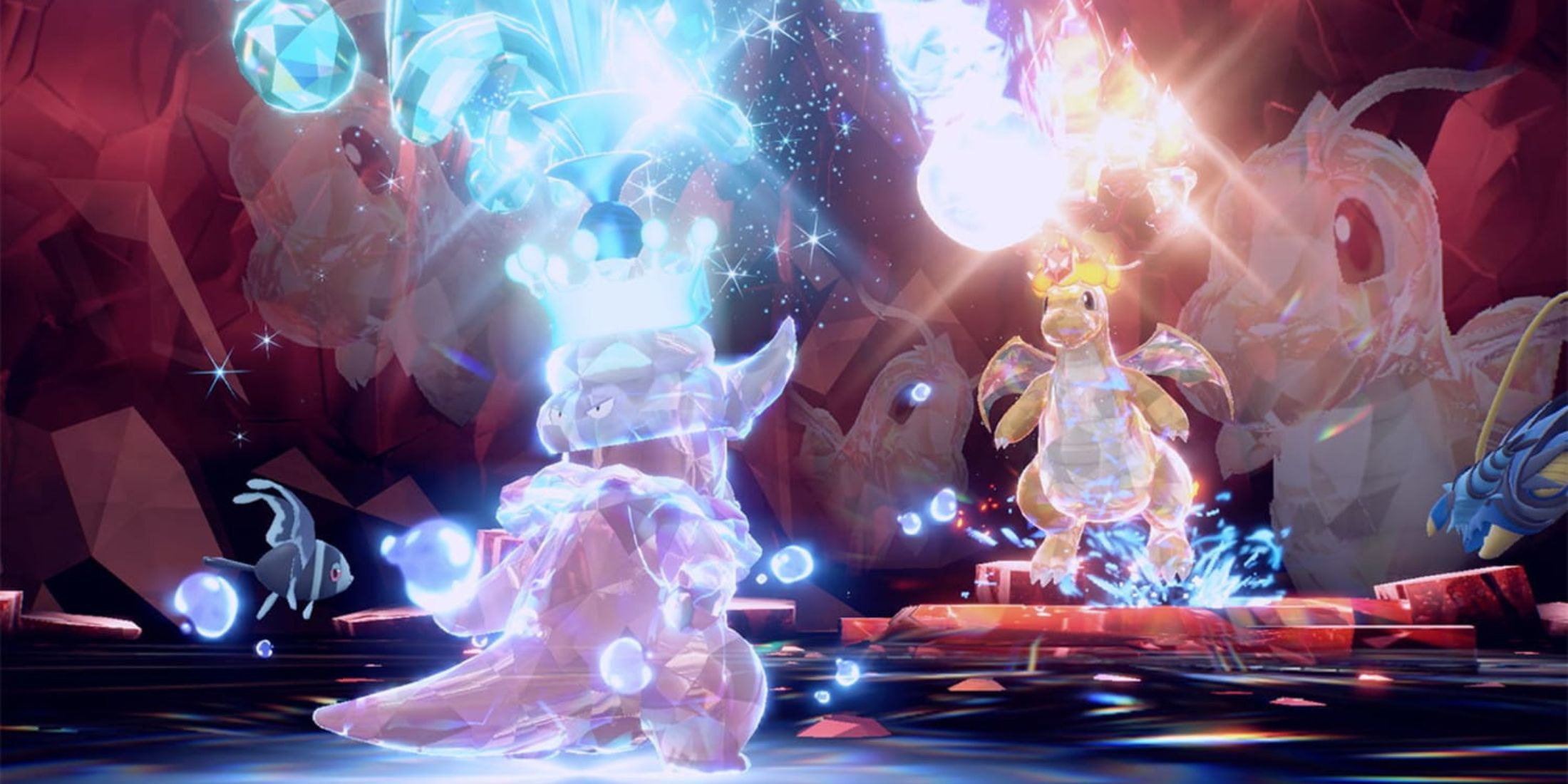A Tera Raid against a Dragonite in Pokemon Scarlet and Violet.