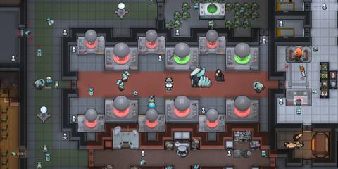 Advanced mech facilities and growing vats line a high-tech base in RimWorld Biotech, showcasing a top best DLC feature