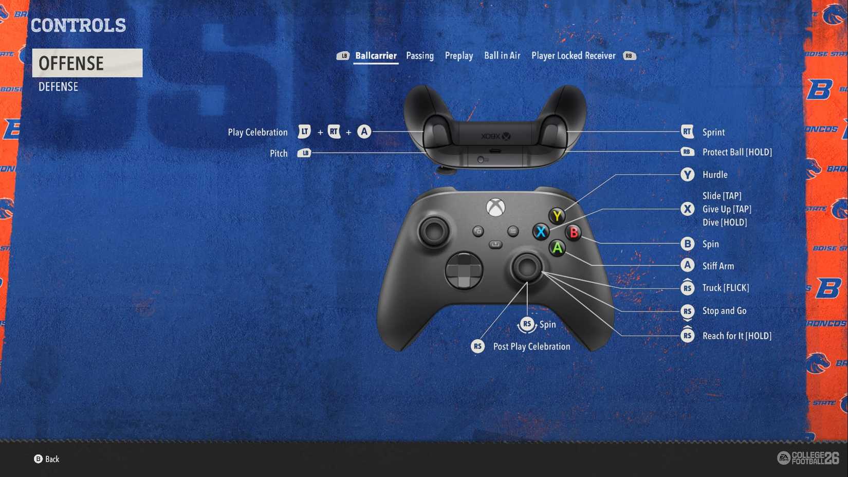 all ball carrier controls in college football 26