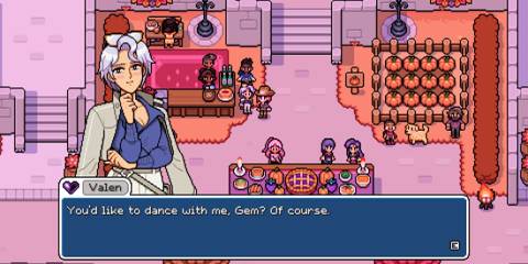 Asking Valen to dance at Fields of Mistria's Harvest Festival