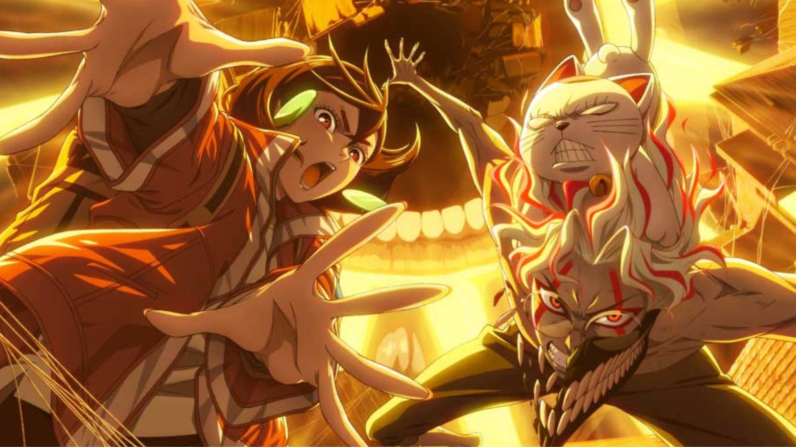 A poster of season 2 of Dandadan, featuring Momo, Okarun, Turbo Granny, Jiji, Evil Eye and the Mongolian Death Worm.