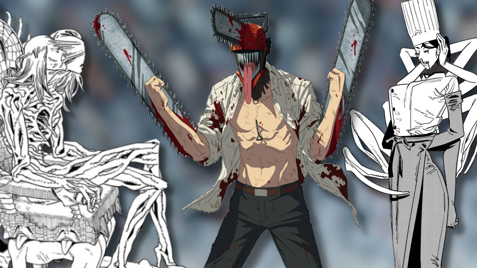 A collage of three powerful devils in Chainsaw Man with great designs: The Aging Devil, the Chainsaw Devil and the Falling Devil.