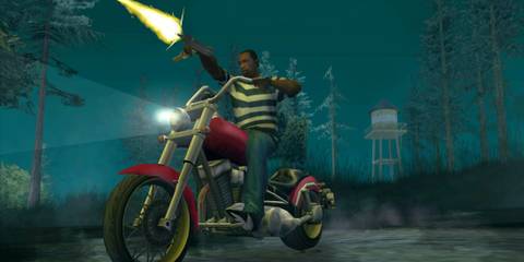 CJ shooting a machine gun on a motorcycle - Grand Theft Auto San Andreas