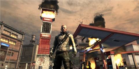 Cole exploring a gas station in inFAMOUS