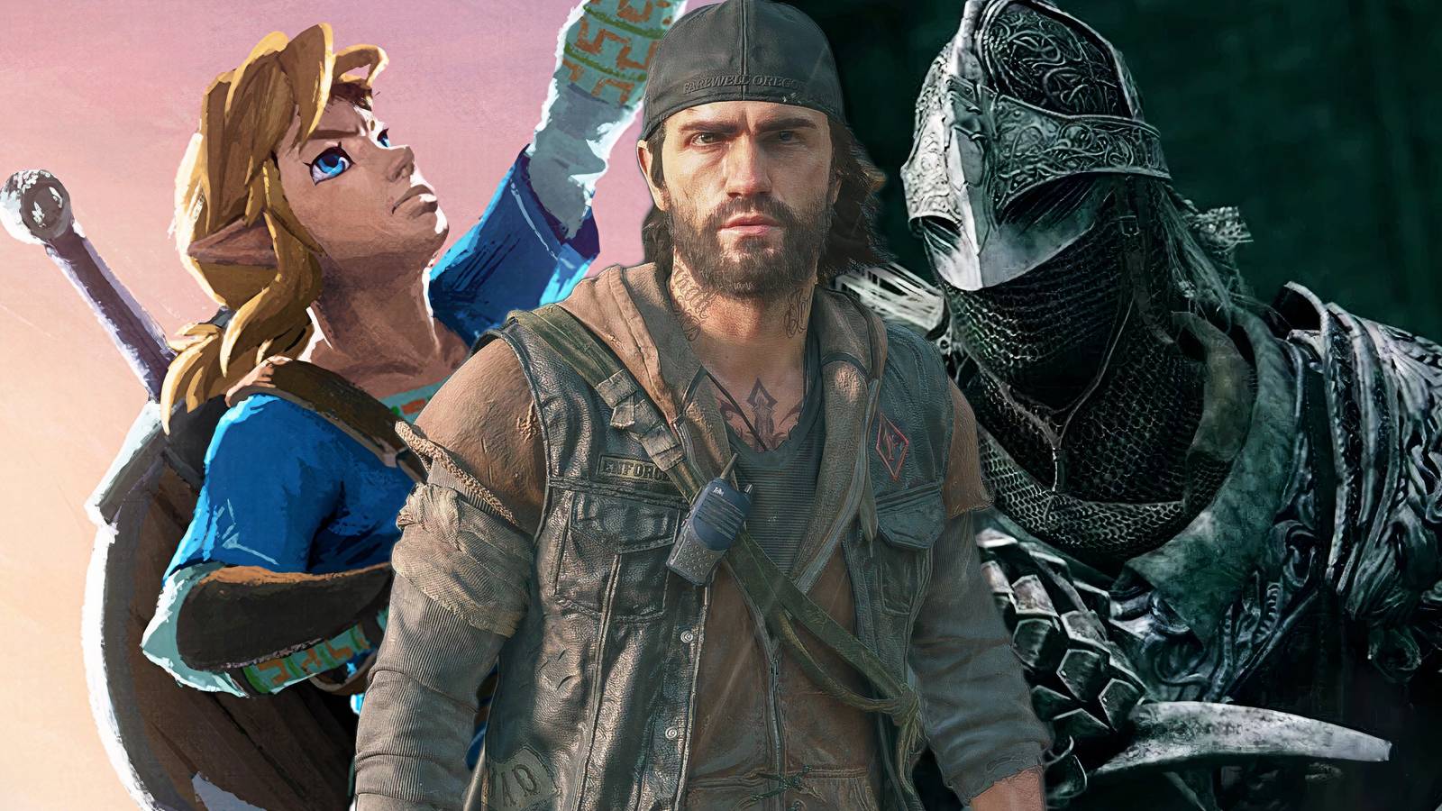 Collage of Days Gone, The Legend Of Zelda Breath Of The Wild, and Elden Ring