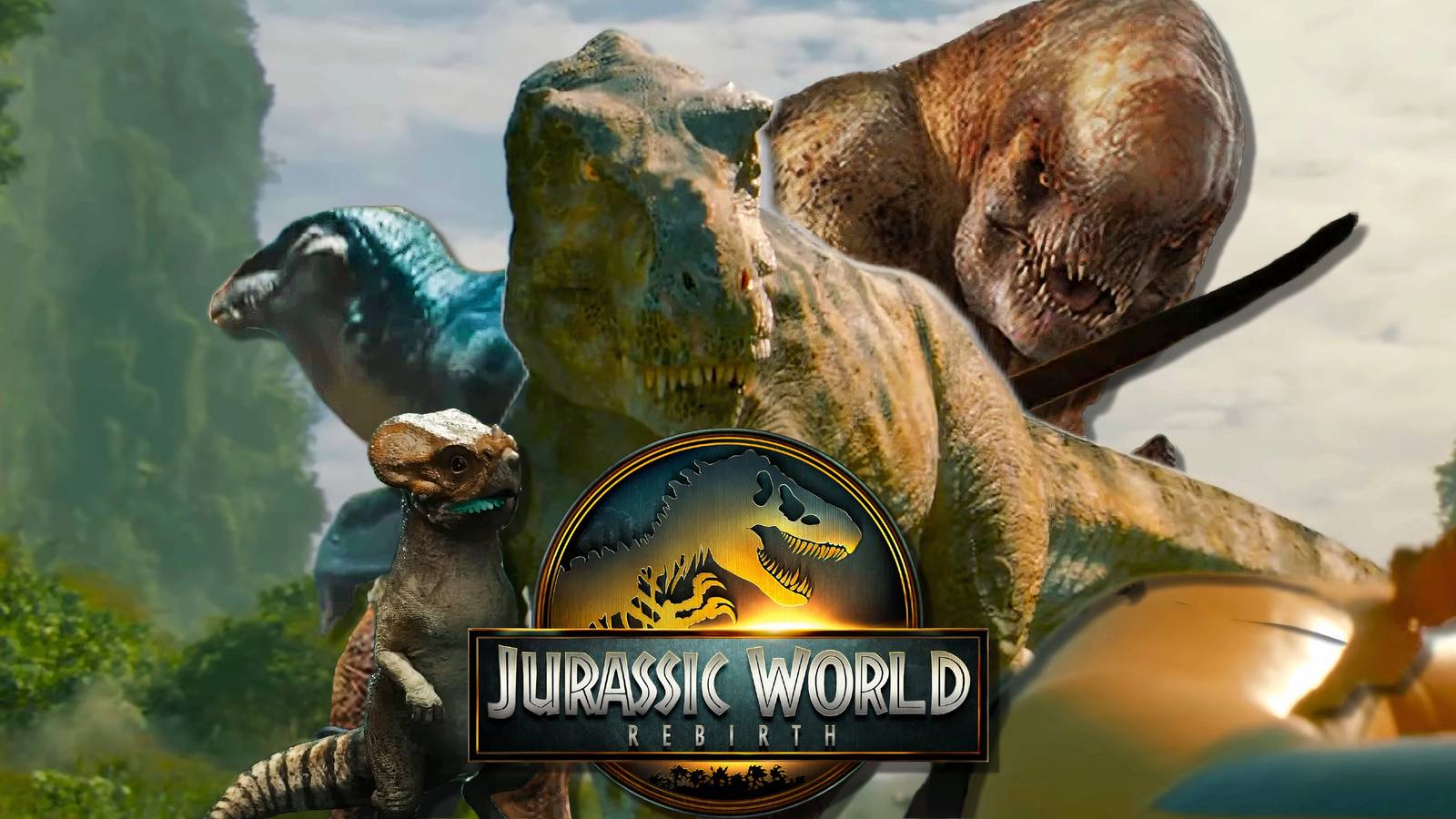 Collage of dinosaurs from Jurassic World Rebirth
