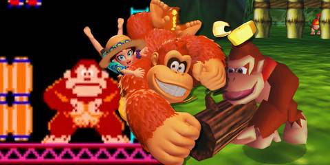 Collage of Donkey Kong, Donkey Kong Bananza, and Donkey Kong 64