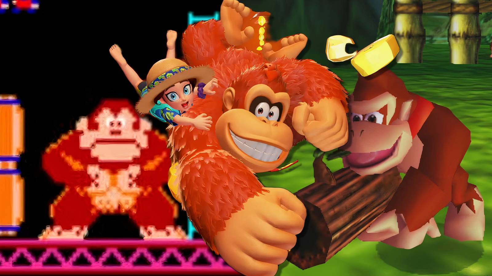 Collage of Donkey Kong, Donkey Kong Bananza, and Donkey Kong 64
