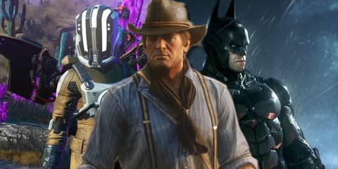 Collage of Red Dead Redemption 2, No Man's Sky, and Batman Arkham Knight