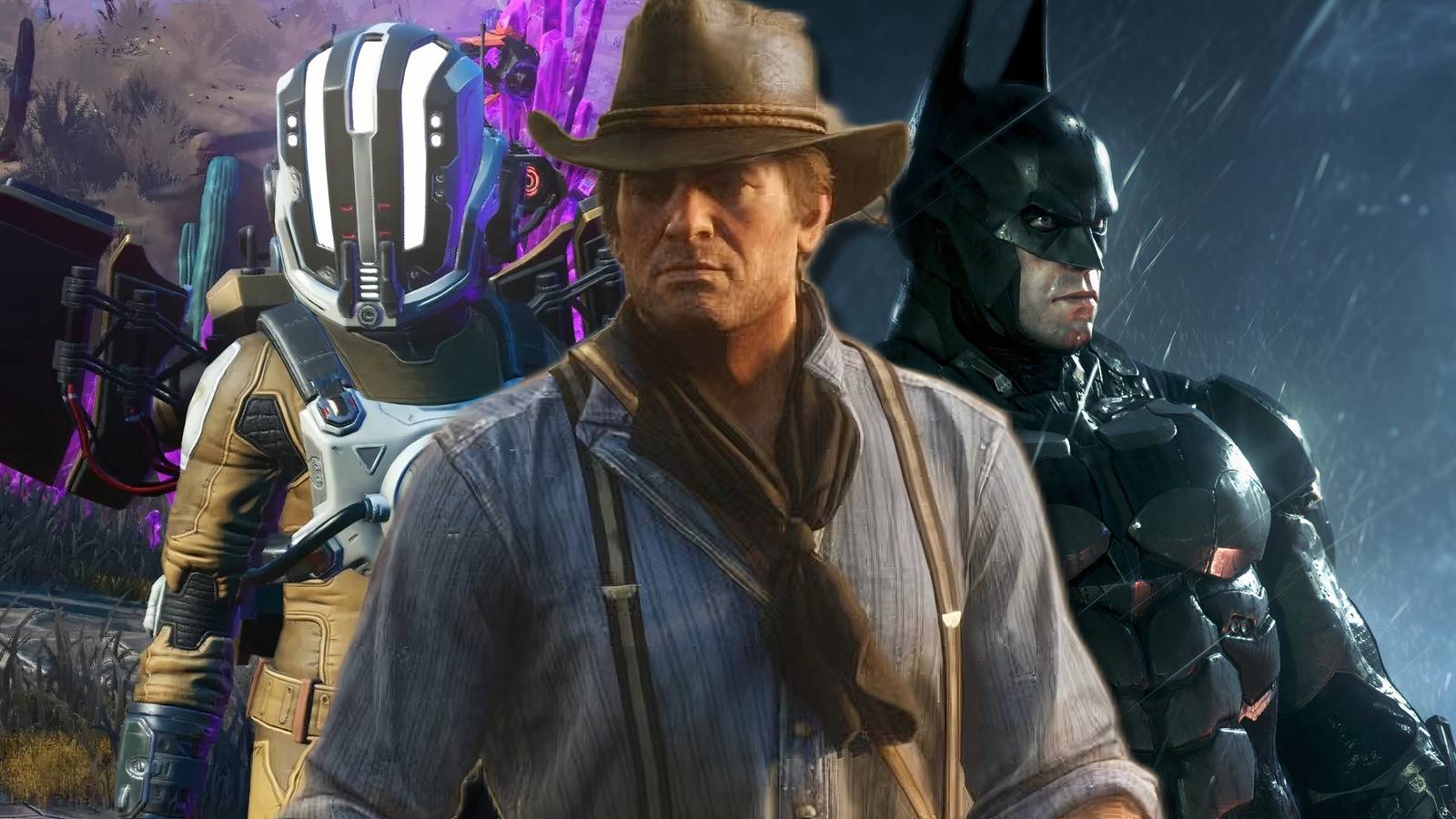 Collage of Red Dead Redemption 2, No Man's Sky, and Batman Arkham Knight
