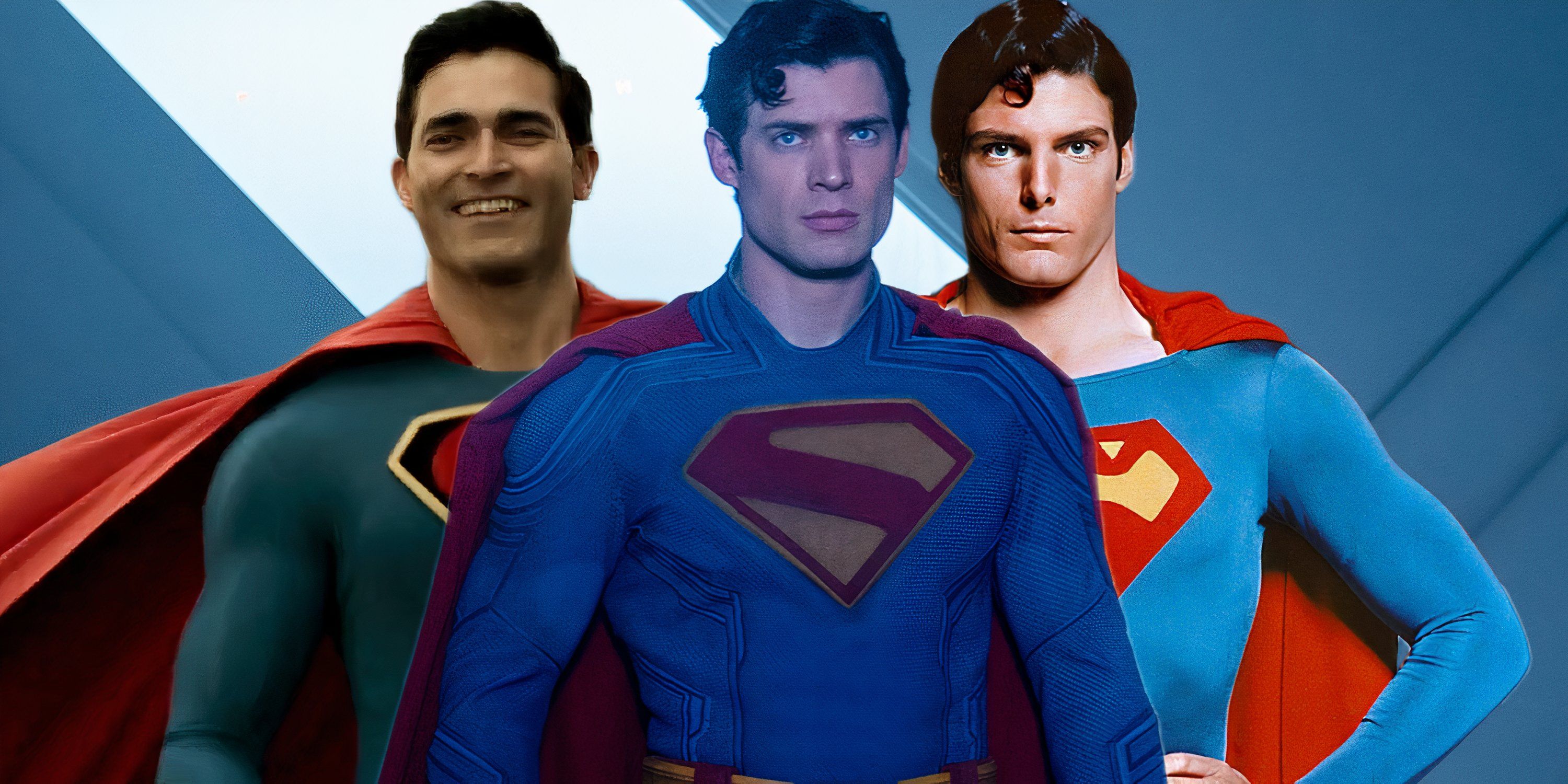 Collage of Tyler Hoechlin, David Corenswet, and Christopher Reeve as Superman