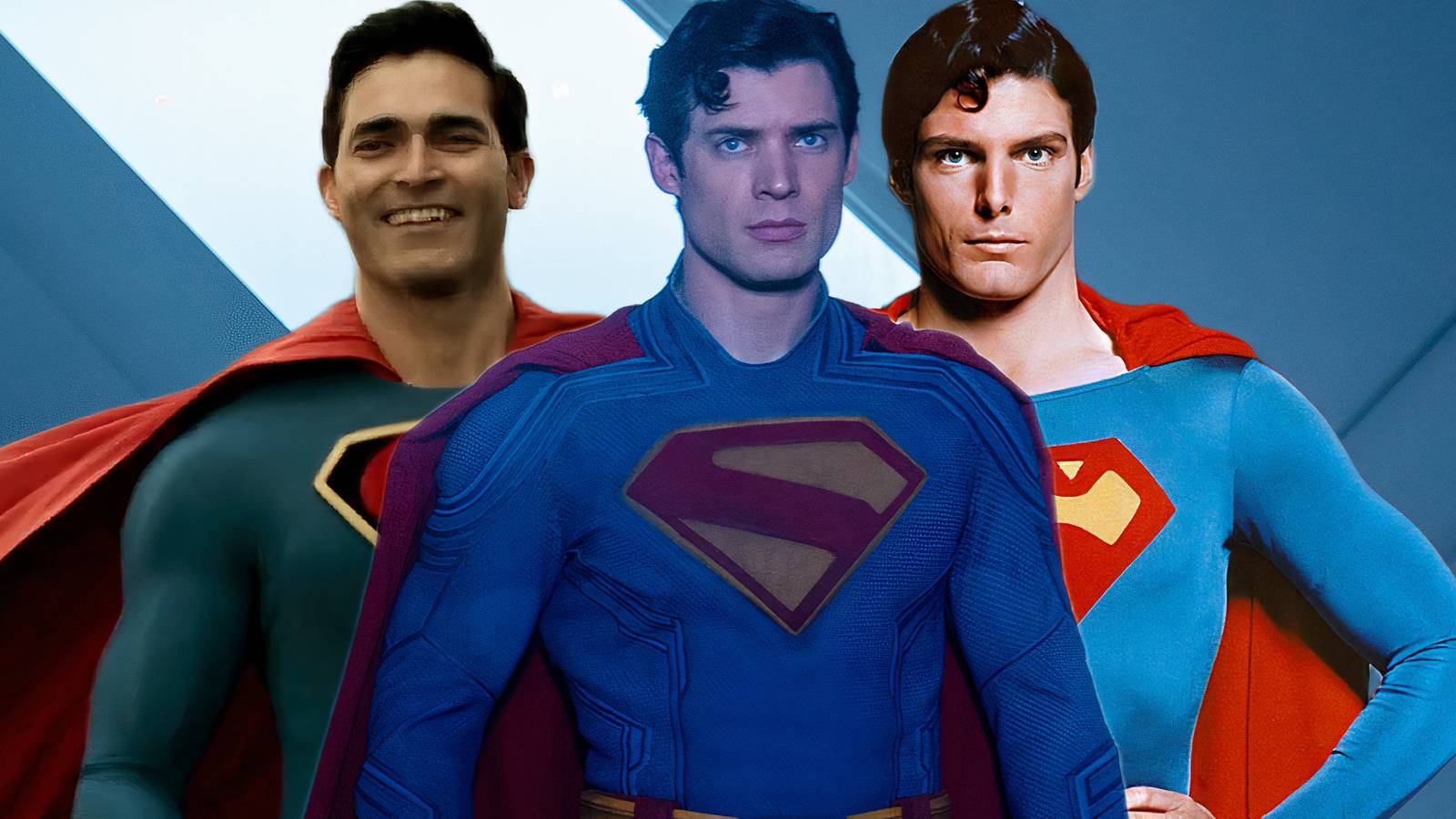Collage of Tyler Hoechlin, David Corenswet, and Christopher Reeve as Superman