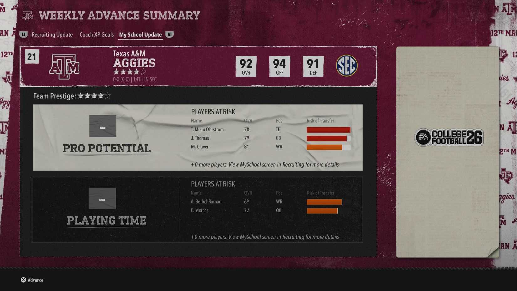 College Football 26 My School Grades