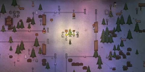 Colonists celebrate around a decorated tree during a winter festival in RimWorld Ideology, a truly best DLC event