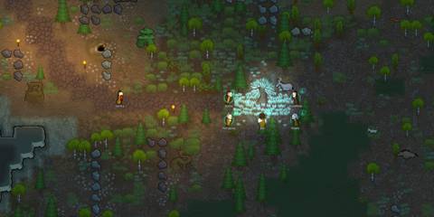 Colonists discover a glowing mushroom and ancient relics during a forest expedition in RimWorld Royalty