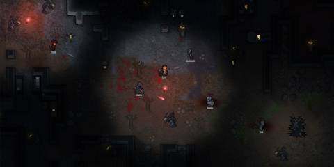 Colonists fight off nightmarish creatures in a dark forest during a tense night ambush in RimWorld Anomaly