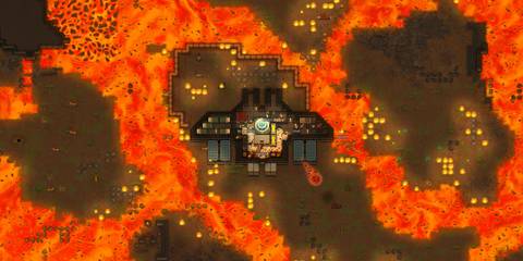 Colonists survive in a volcanic hellscape surrounded by lava flows and fire hazards in RimWorld Odyssey