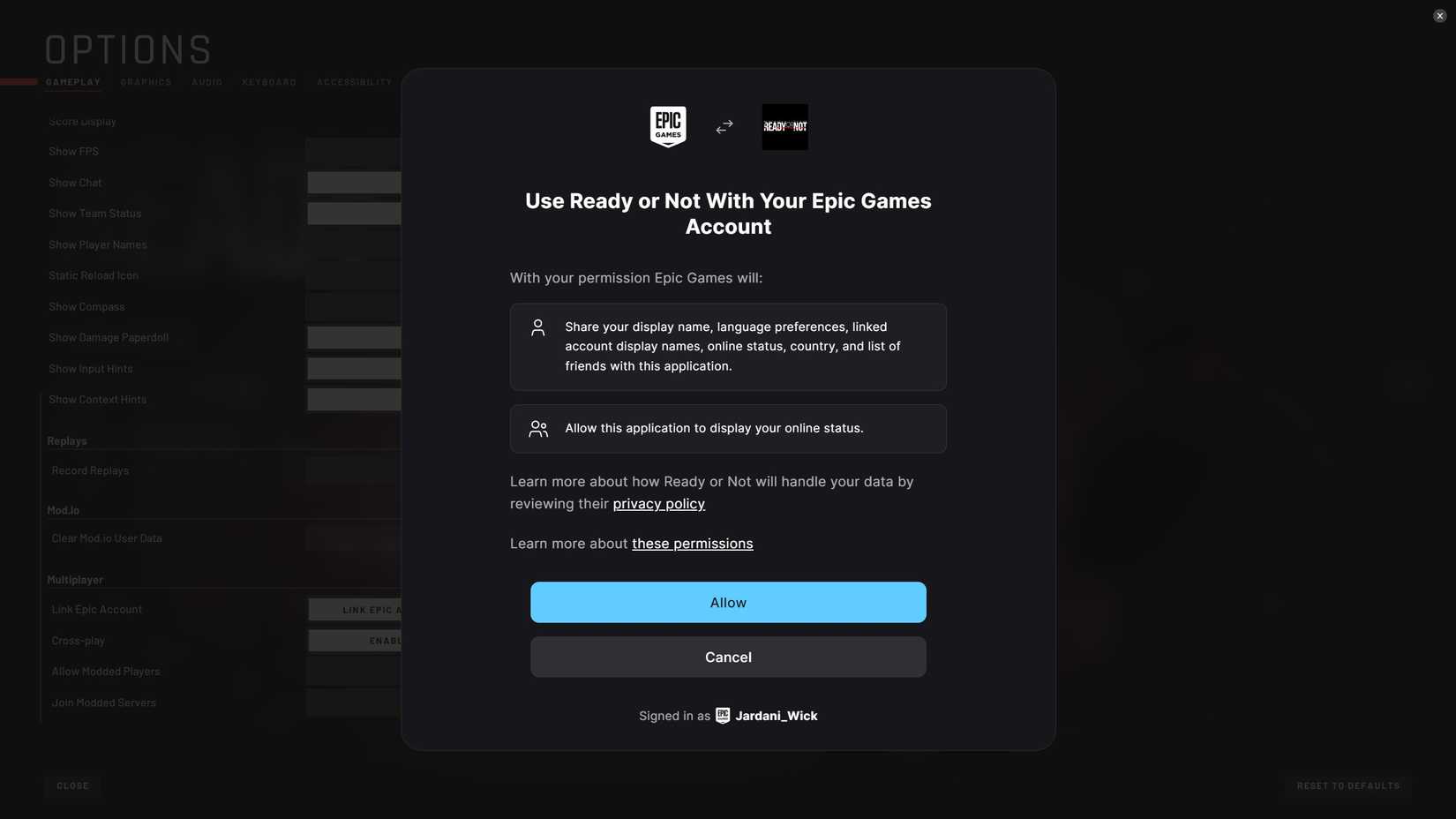 connecting epic games to ready or not