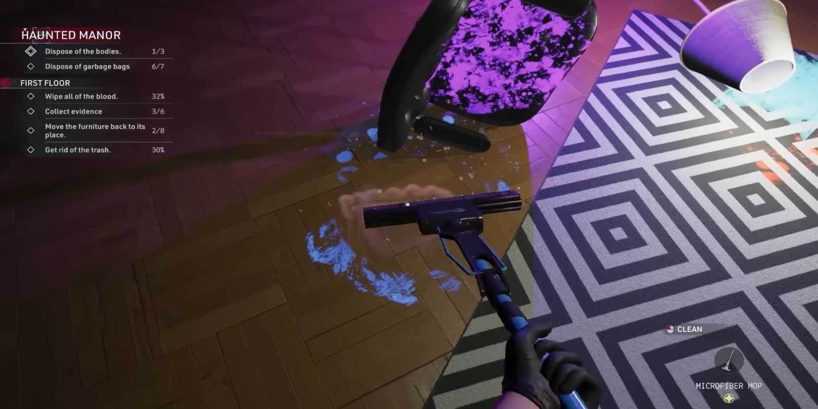 Crime Scene Cleaner cleaning with mop and blacklight