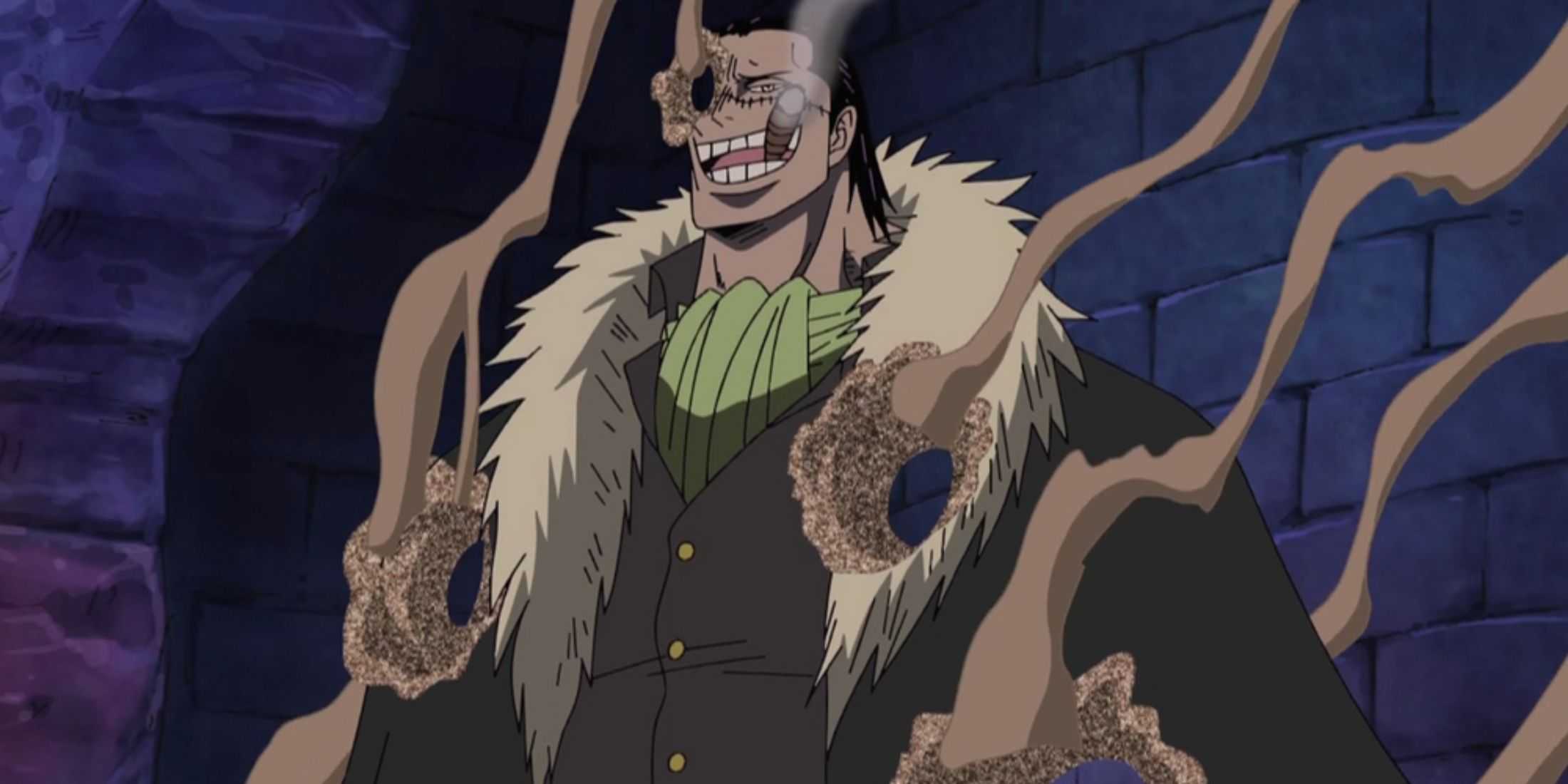 Crocodile uses his Sand-Sand fruit in battle.