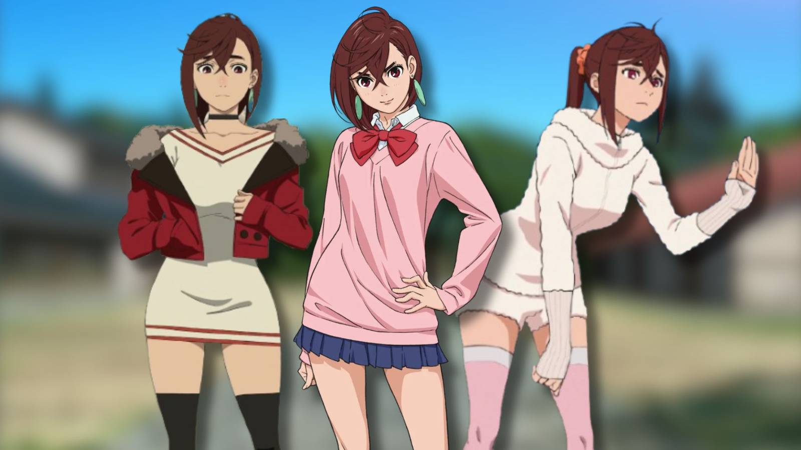 A collage of three of Momo Ayase's best outfits in Dandadan.