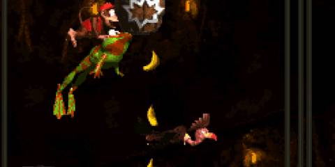 Diddy riding a frog in Donkey Kong Country (SNES)
