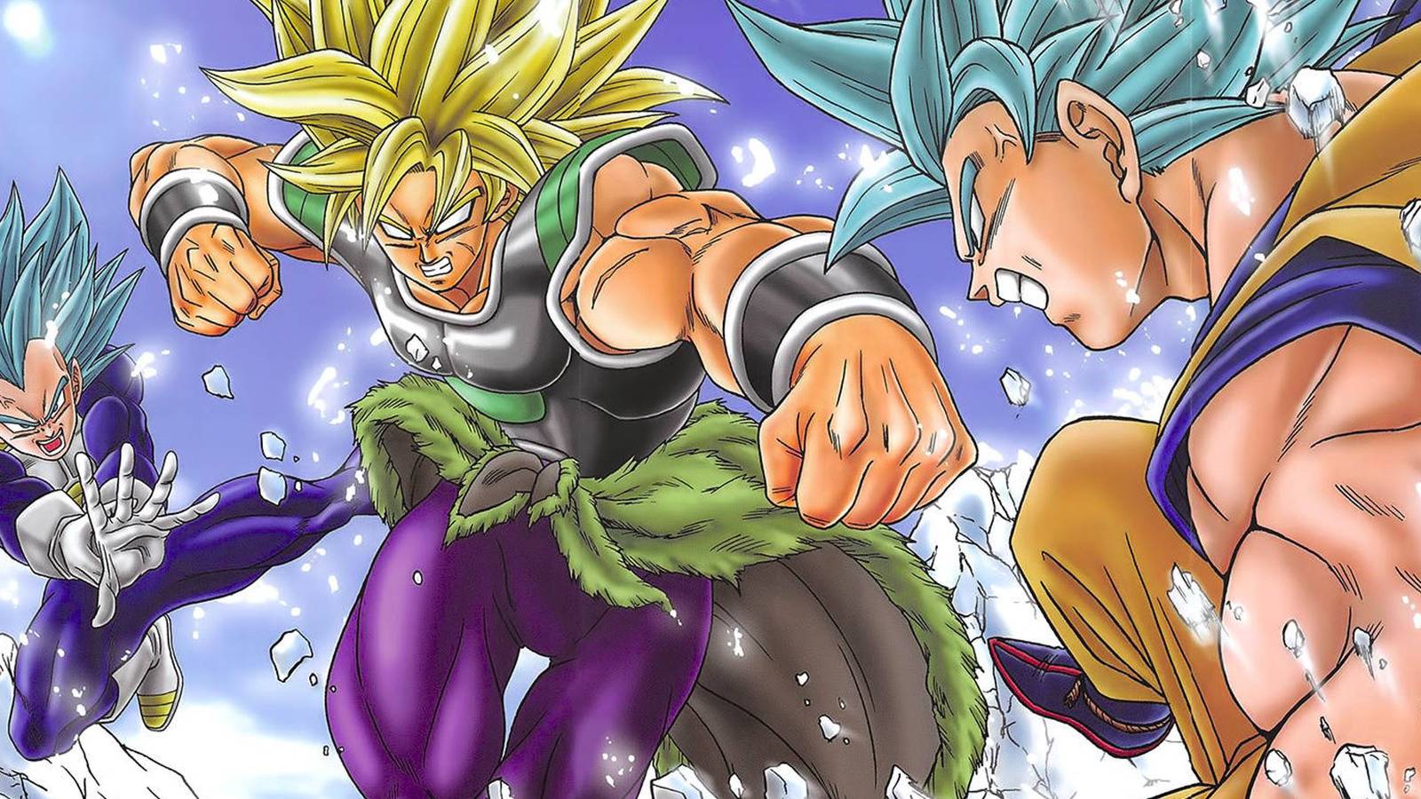 picture: super saiyan broly and super saiyan blue vegeta and goku in dragon ball super manga.