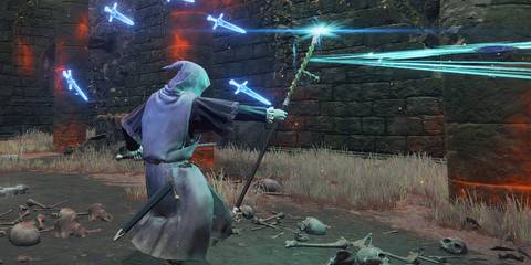 An Astrologer build throwing magic daggers in Elden Ring
