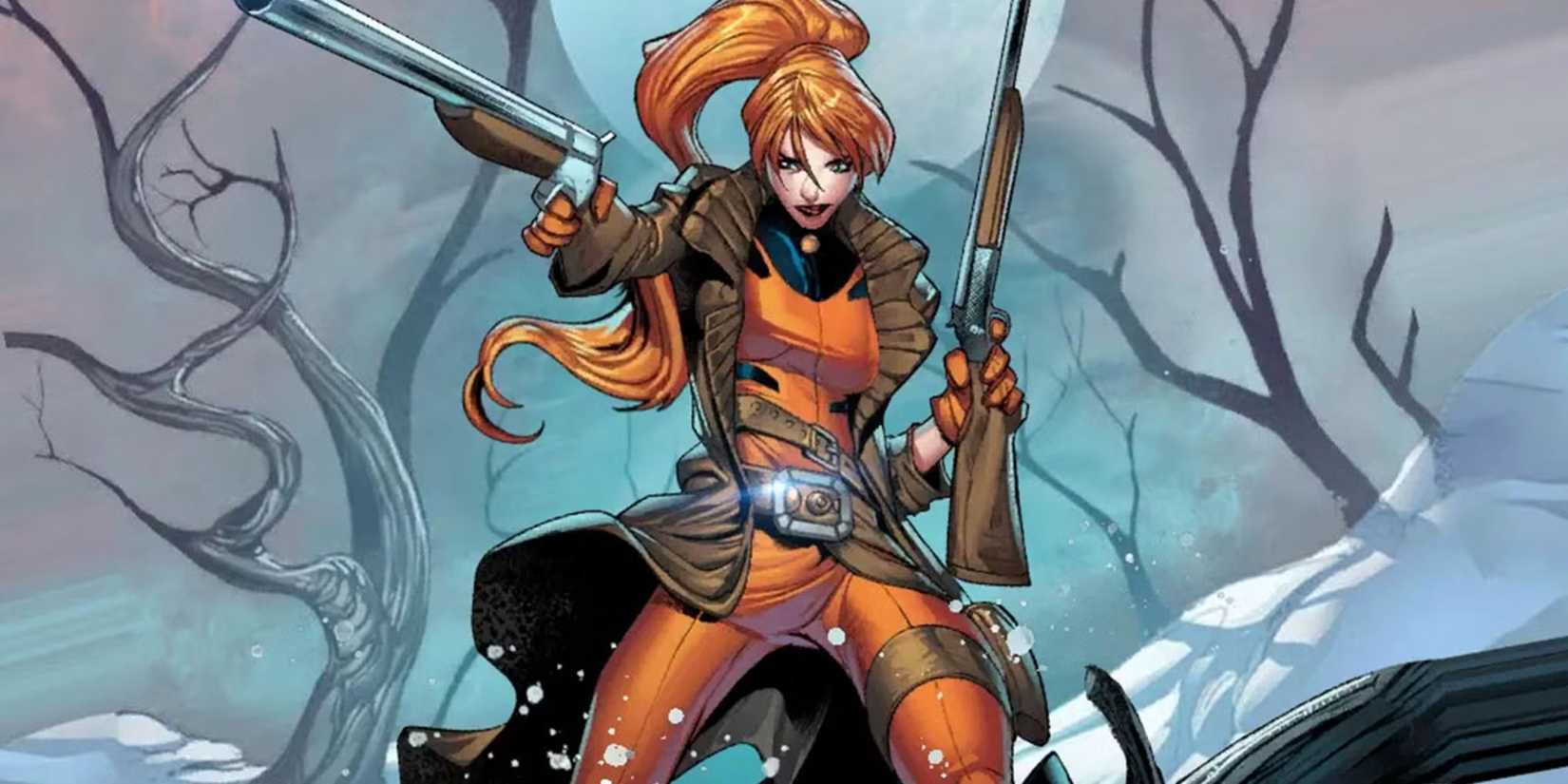 Elsa Bloodstone from Marvel comics in a winter landscape
