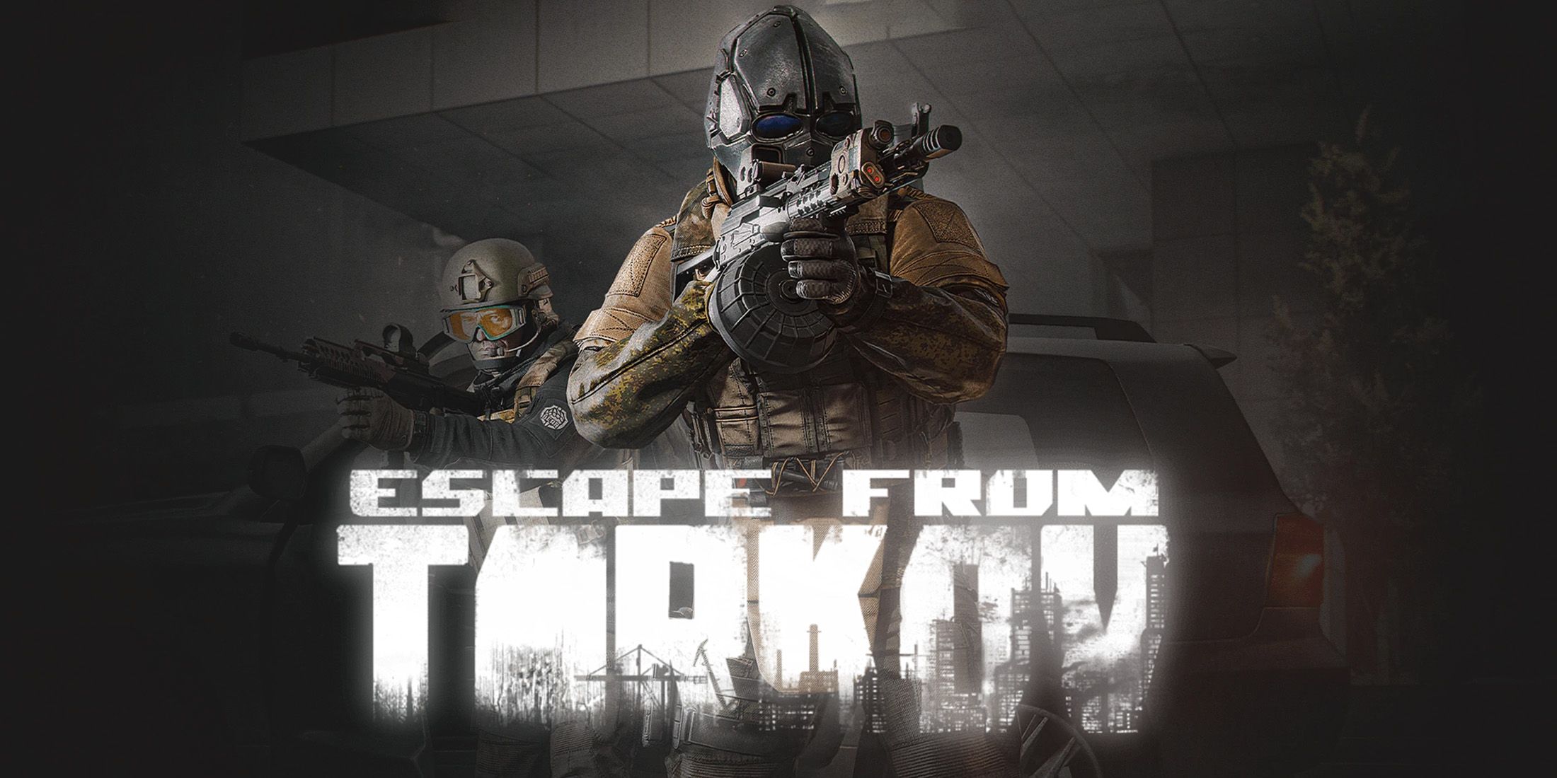 Escape from Tarkov characters aiming behind white glowing game logo