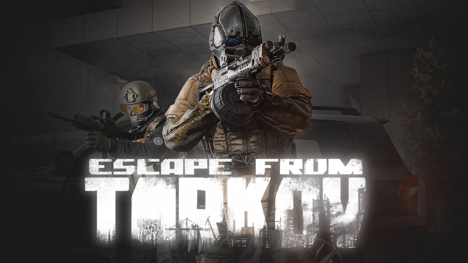Escape from Tarkov characters aiming behind white glowing game logo