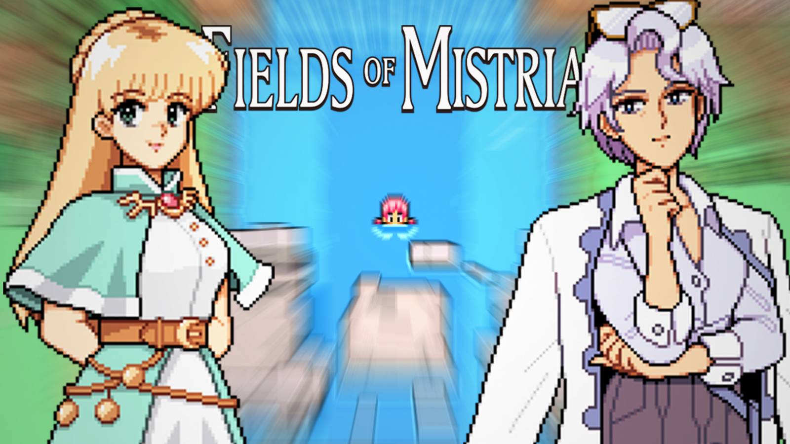 Fields of Mistria character artwork zoom blur on game logo
