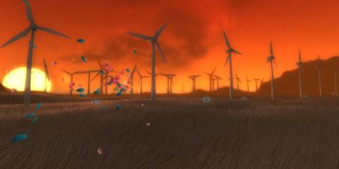 Flowers in the wind with windmills in the background in Flower